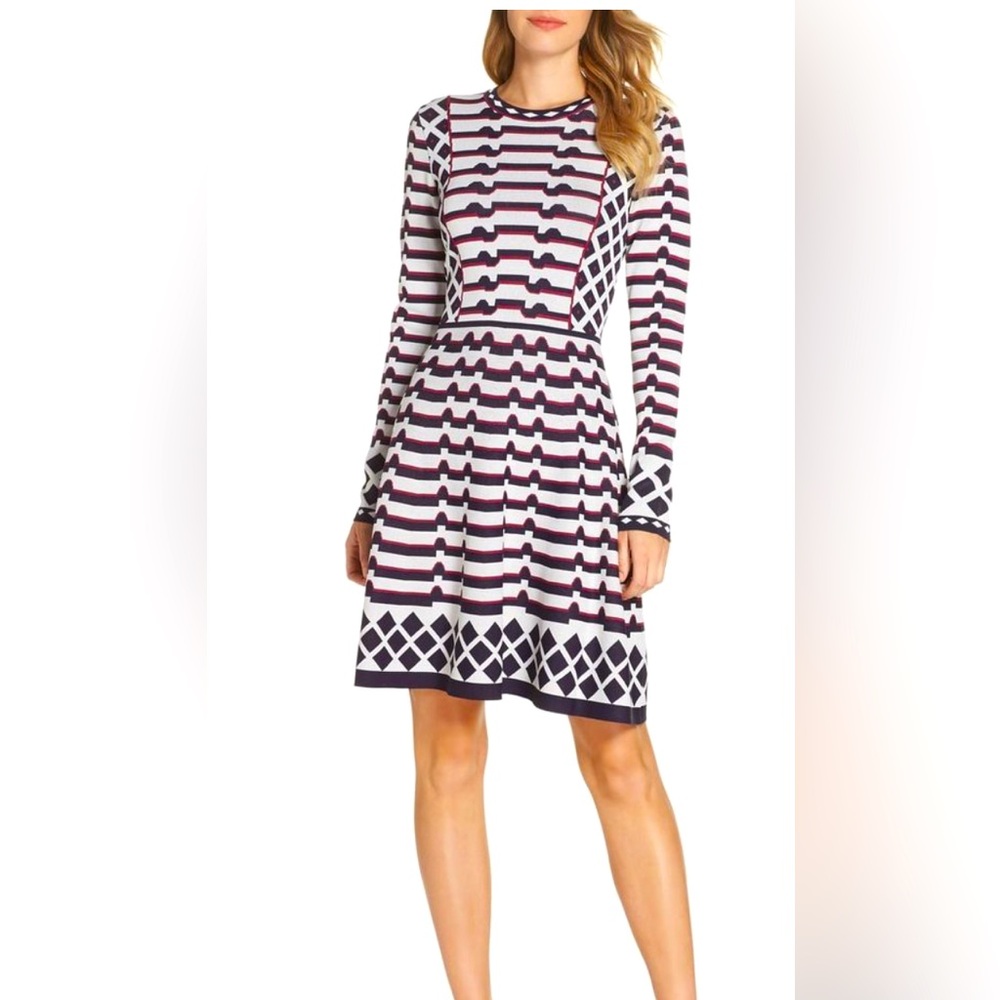 Eliza J artwork Jacquard sweater dress in a PS White with black & red/da…